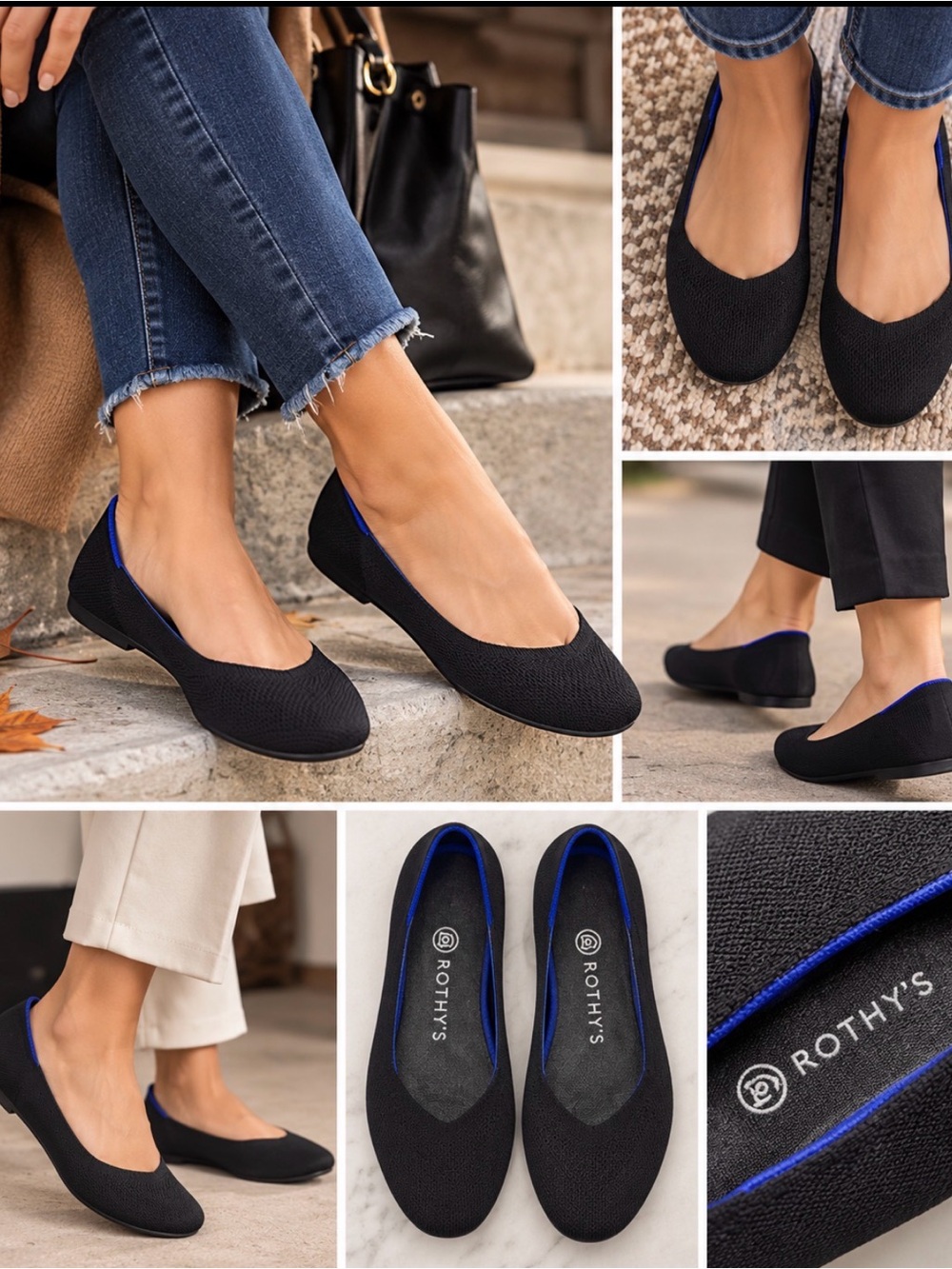 Rothy’s Black Knit Ballet Flats Women’s 7.5 Blue Trim Washable Comfort Shoes